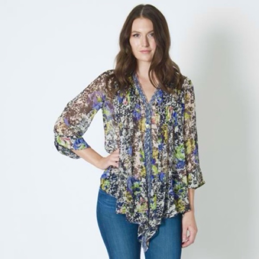 Elizabeth & James - Multicolor Floral Silk Semi-Sheer Butterfly Wing Top